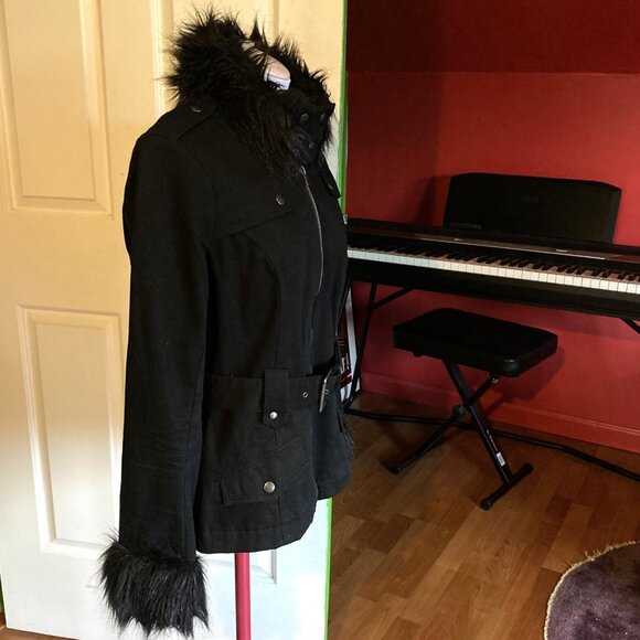 Tripp NYC Women's Black Y2K Jacket, Sz Large, Canvas Zipper Snaps Studs Faux Fur - Picture 5 of 10